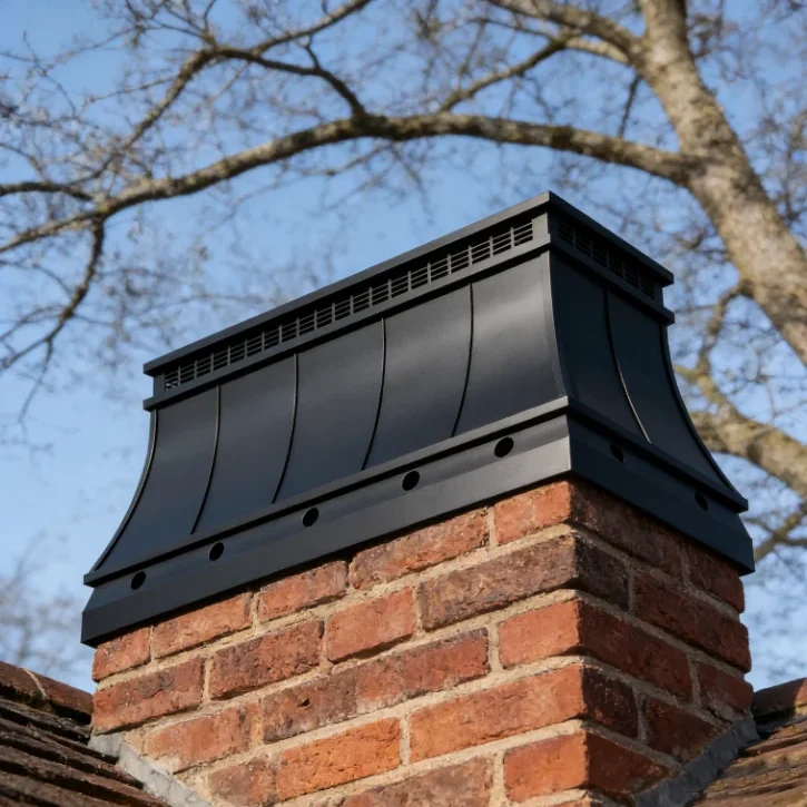 Black custom metal chimney cap on a red brick chimney