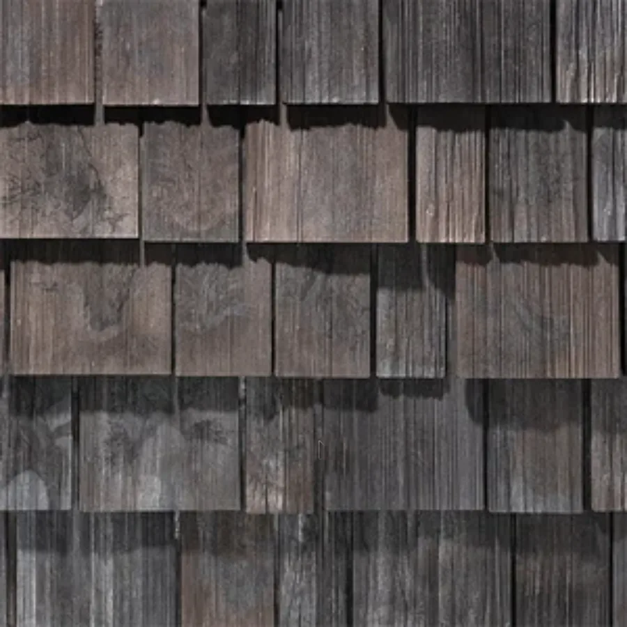 Close-up of composite shake tiles with cedar grain