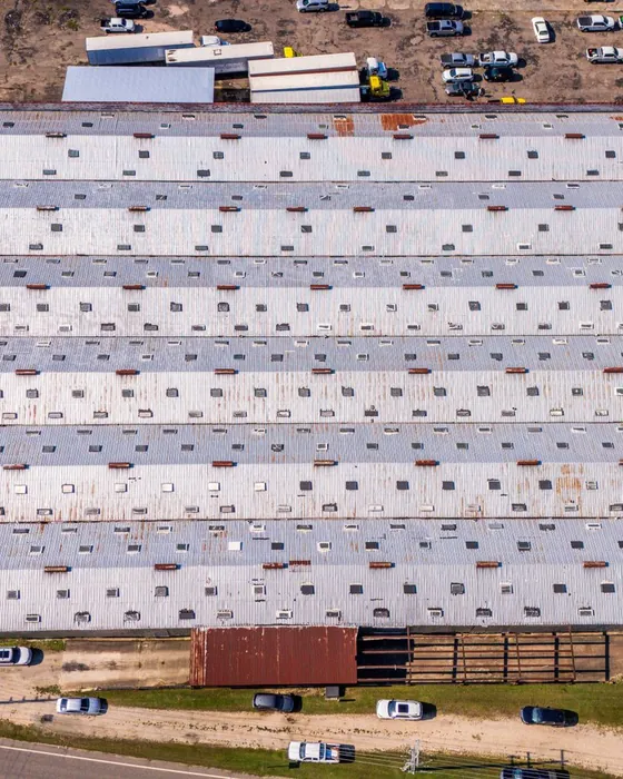 Aerial view of a large commercial building roof